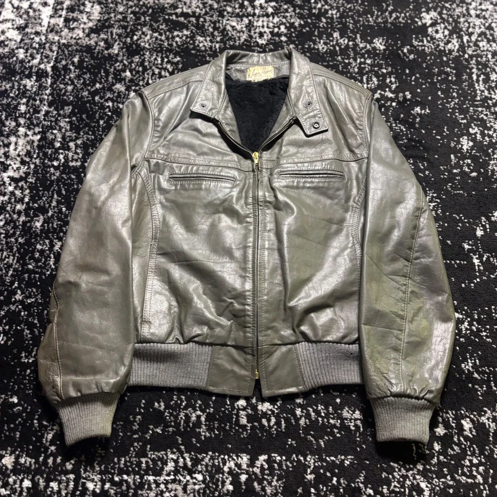 Jean Pierre Vintage Leather Bomber Jacket Grey Green Mens 40R Argentina Made